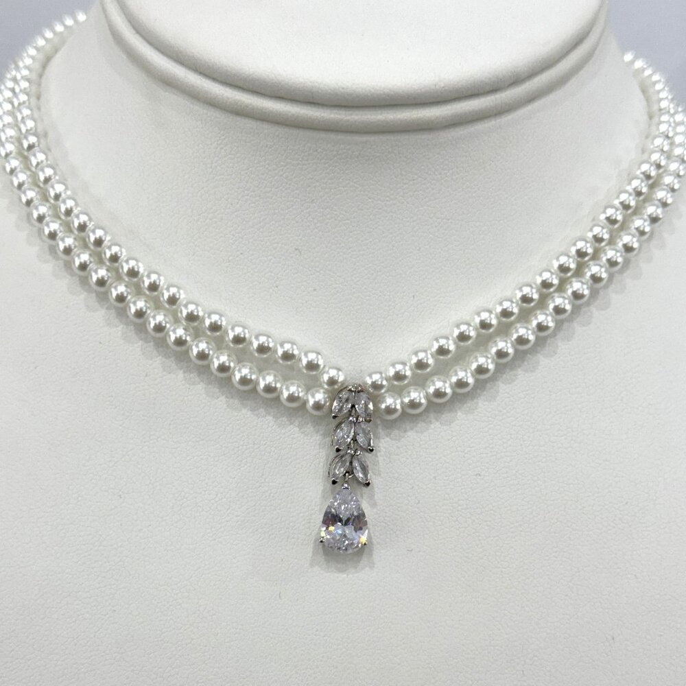 Swarovski Pearls Necklace With small delicate CZ drop pendant